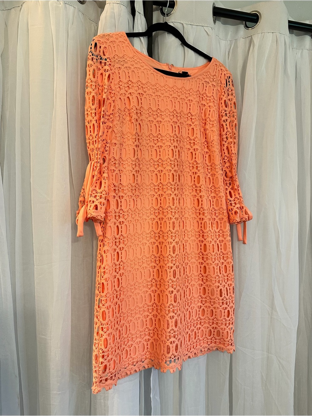 R&K Coral Peachy Crochet Shift Dress with Tie Sleeves